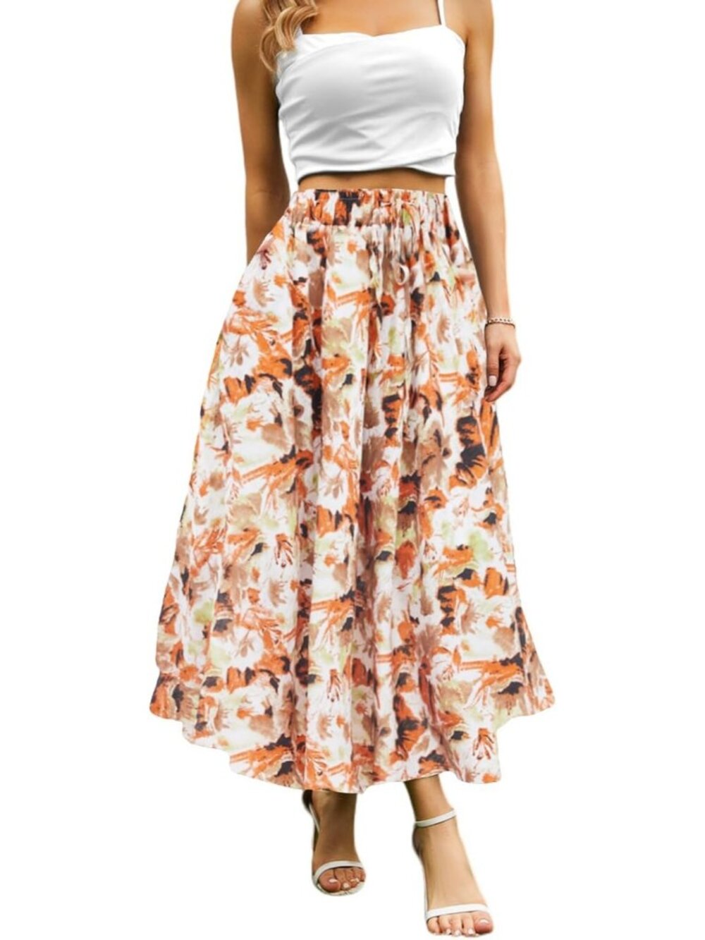 Women's Orange Floral Boho High Waisted Flowy Elastic Waist Pocket Midi Skirt